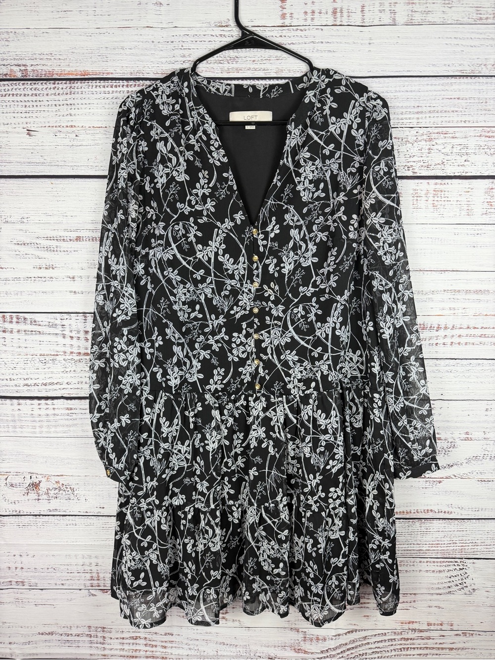LOFT Black White Floral Tiered Babydoll Dress S - Picture 2 of 9